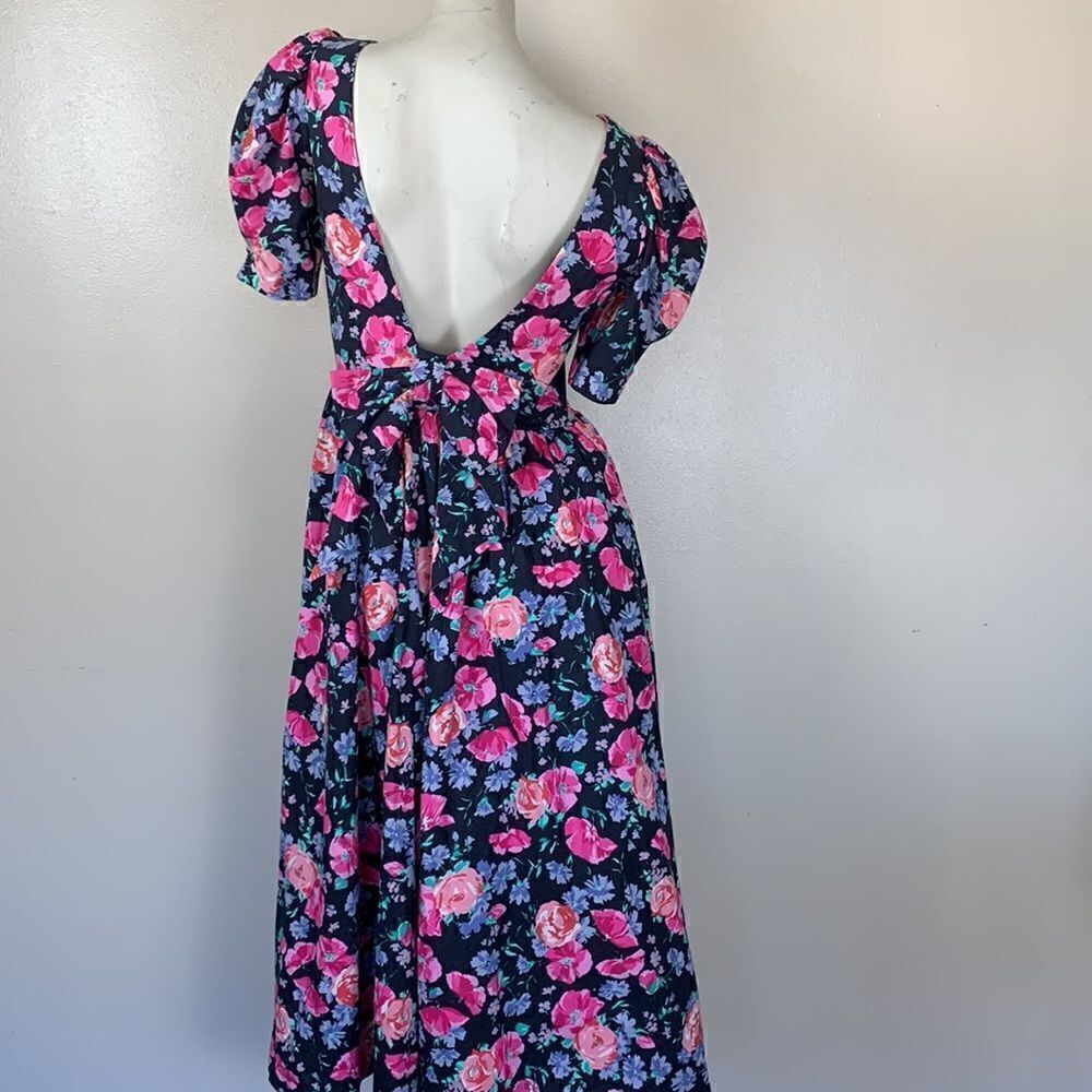 Laura Ashley Floral Midi Dress Puff Sleeves bow & Open plunging Back sz 10 prom - Picture 3 of 16